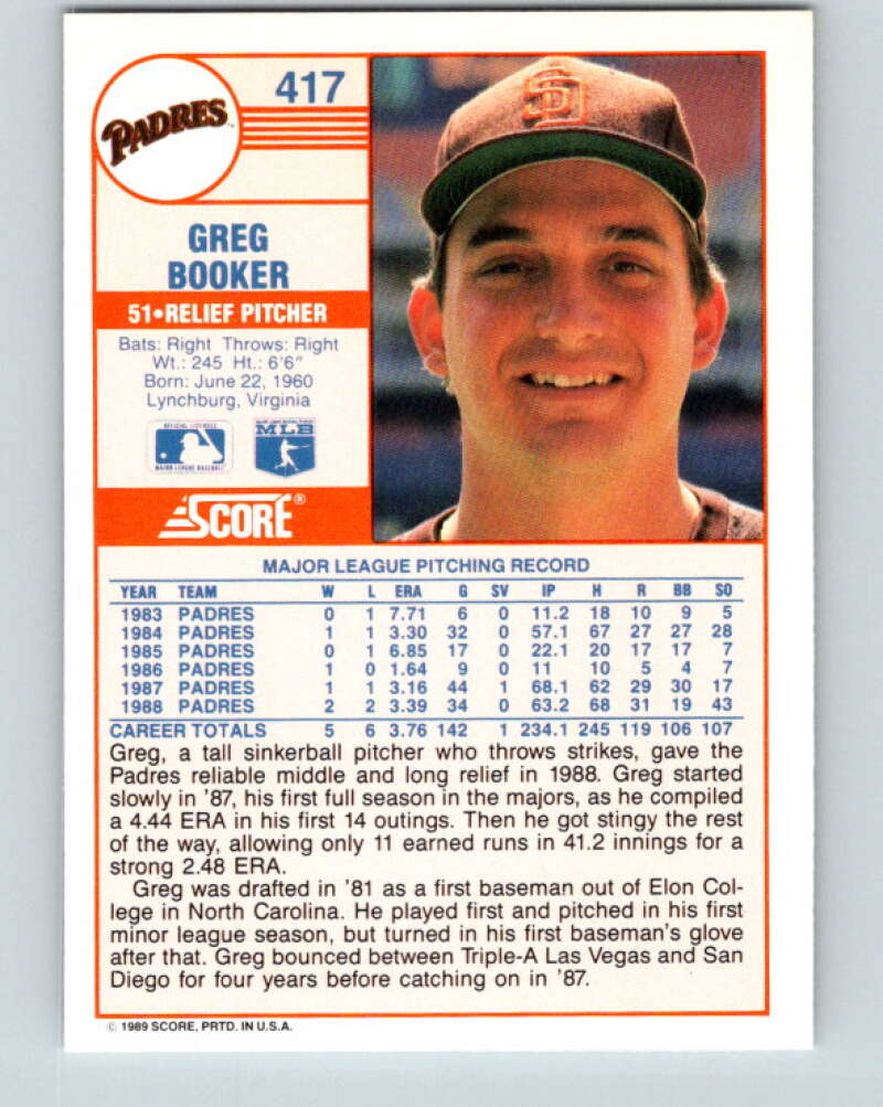 1989 Score #417 Greg Booker Mint San Diego Padres