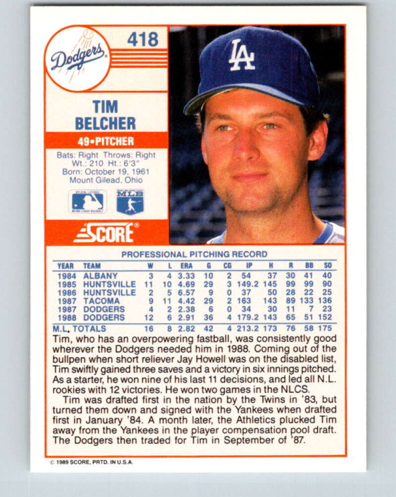 1989 Score #418 Tim Belcher Mint Los Angeles Dodgers