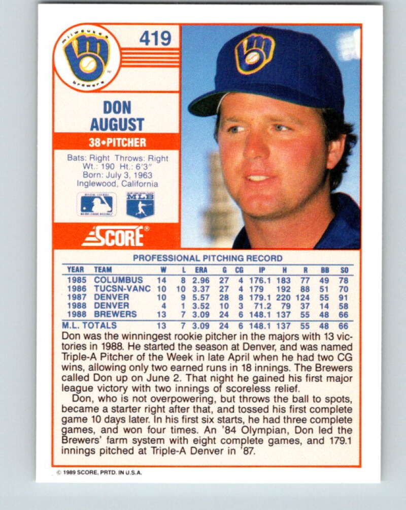 1989 Score #419 Don August Mint Milwaukee Brewers