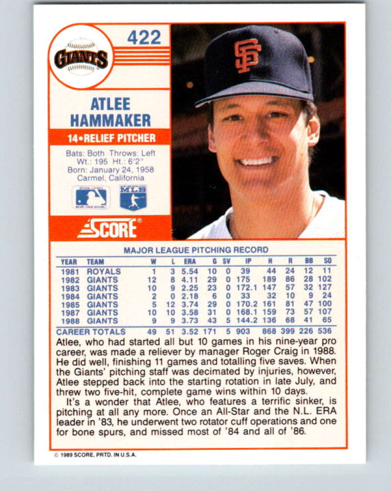 1989 Score #422 Atlee Hammaker Mint San Francisco Giants