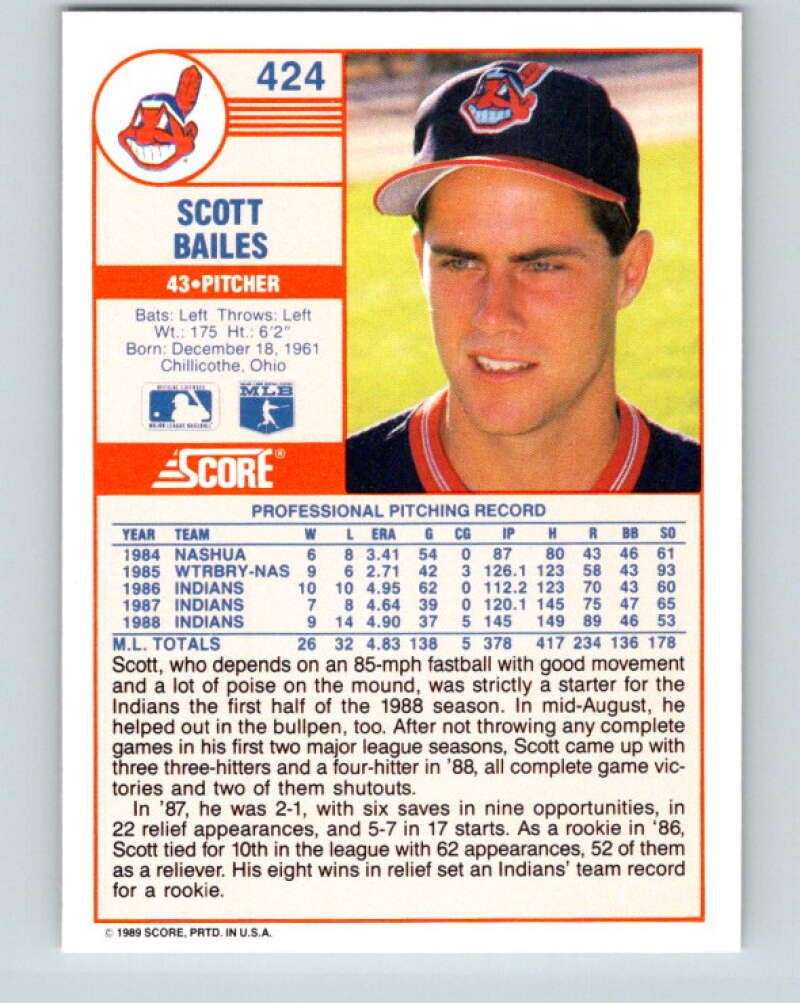 1989 Score #424 Scott Bailes Mint Cleveland Indians