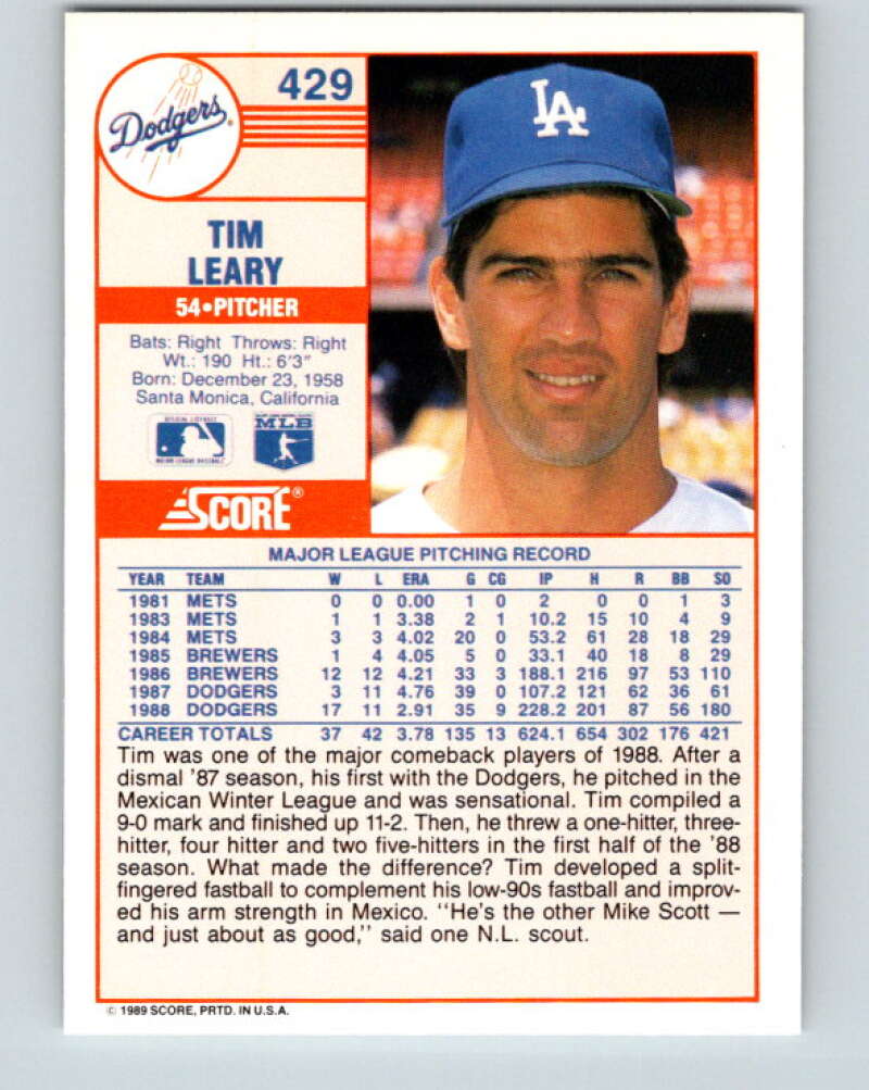 1989 Score #429 Tim Leary Mint Los Angeles Dodgers