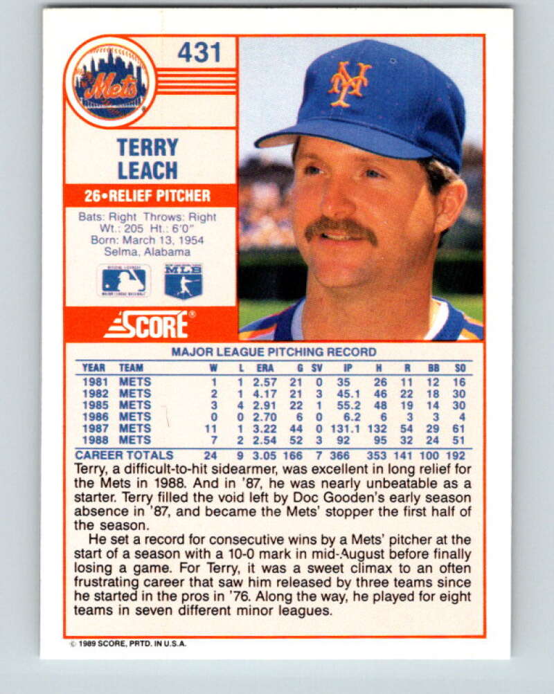 1989 Score #431 Terry Leach Mint New York Mets