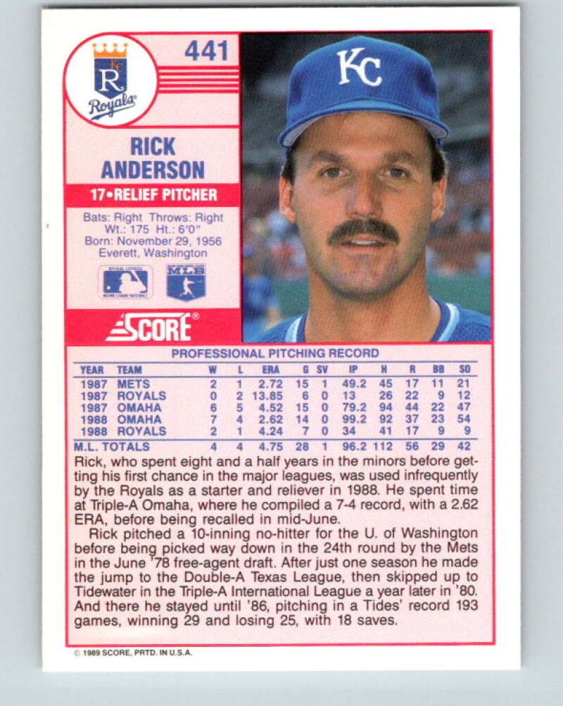 1989 Score #441 Rick Anderson Mint Kansas City Royals
