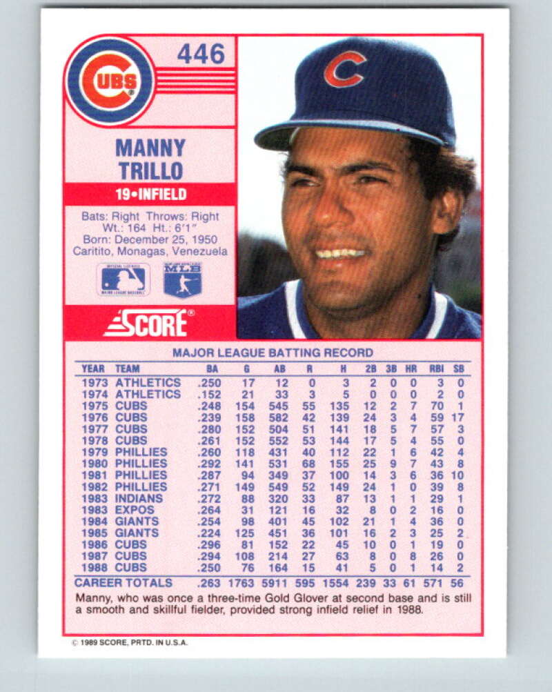 1989 Score #446 Manny Trillo Mint Chicago Cubs