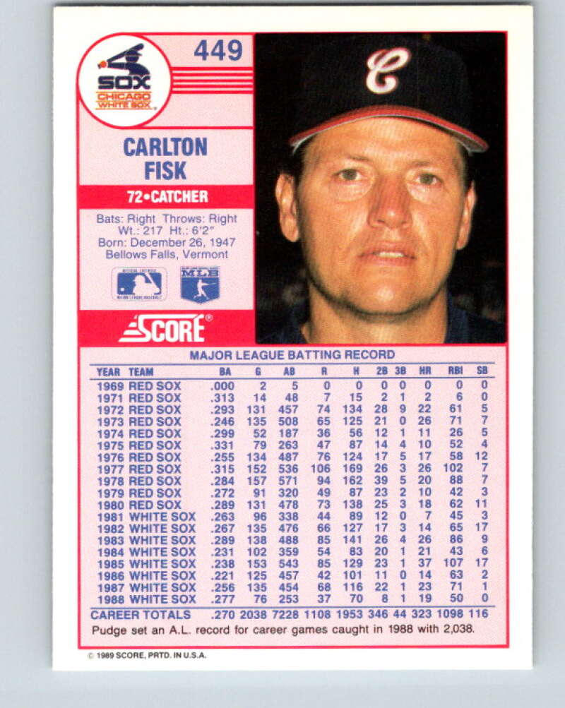 1989 Score #449 Carlton Fisk Mint Chicago White Sox