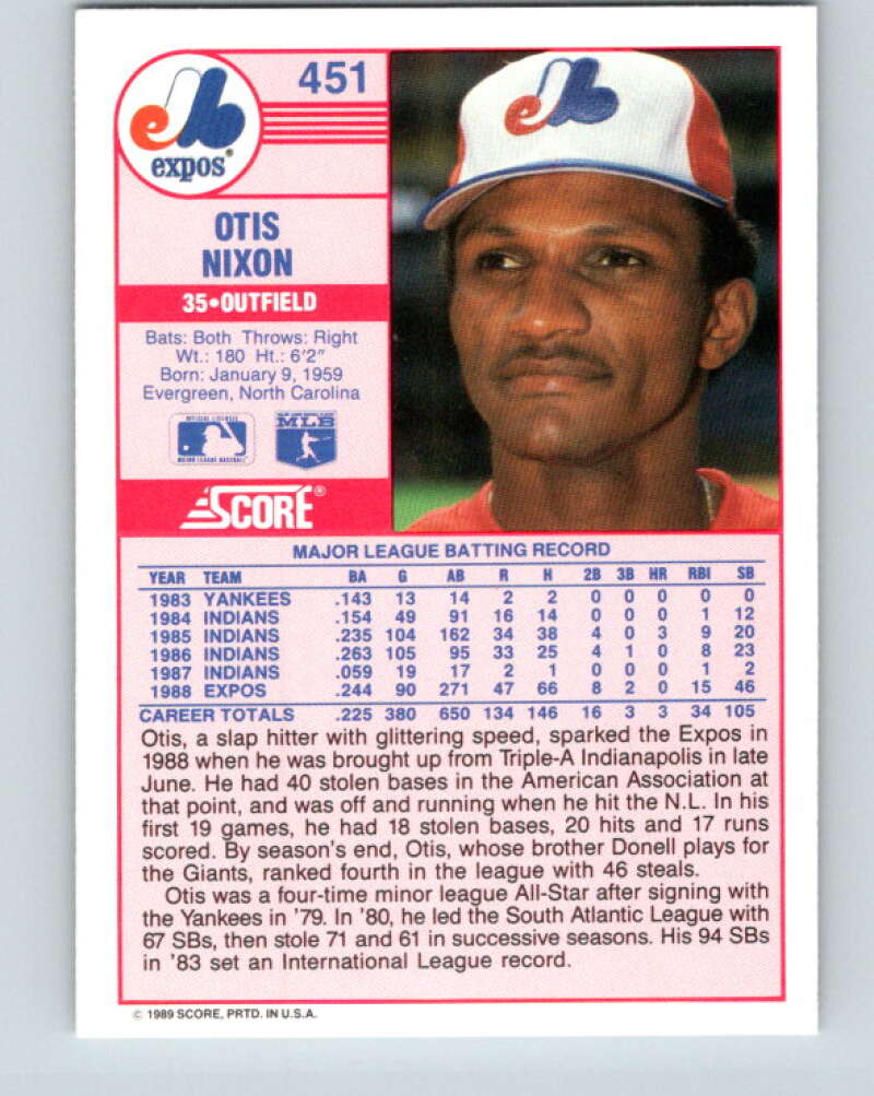 1989 Score #451 Otis Nixon Mint Montreal Expos