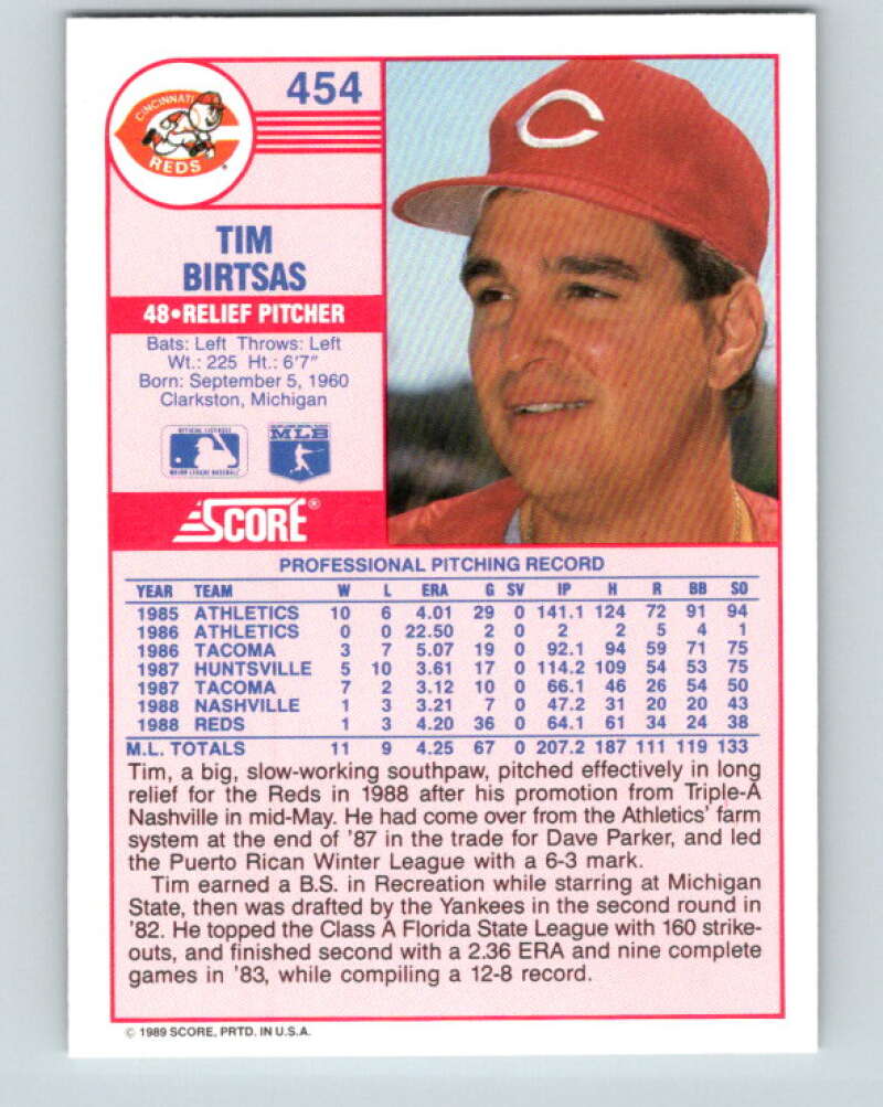1989 Score #454 Tim Birtsas Mint Cincinnati Reds