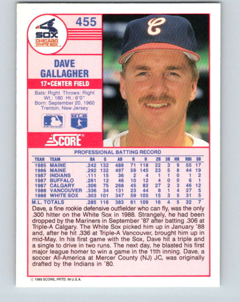 1989 Score #455 Dave Gallagher Mint RC Rookie Chicago White Sox