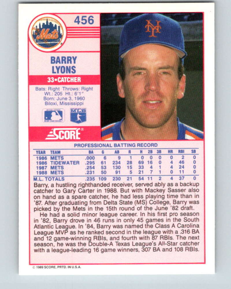1989 Score #456 Barry Lyons Mint New York Mets