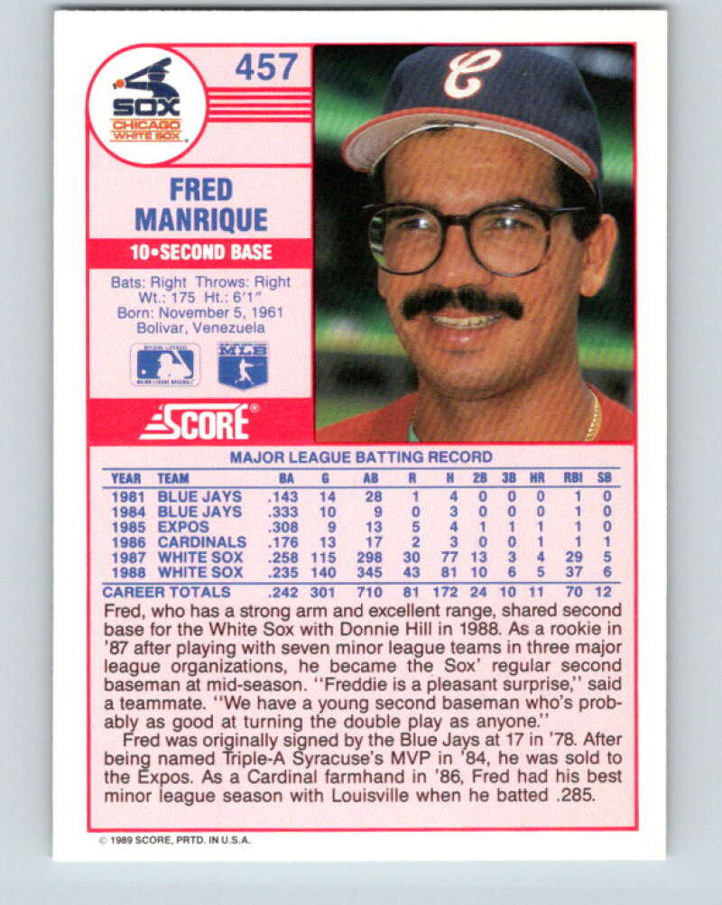 1989 Score #457 Fred Manrique Mint Chicago White Sox