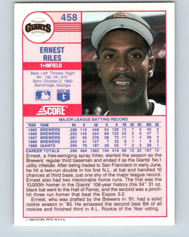 1989 Score #458 Ernest Riles Mint San Francisco Giants