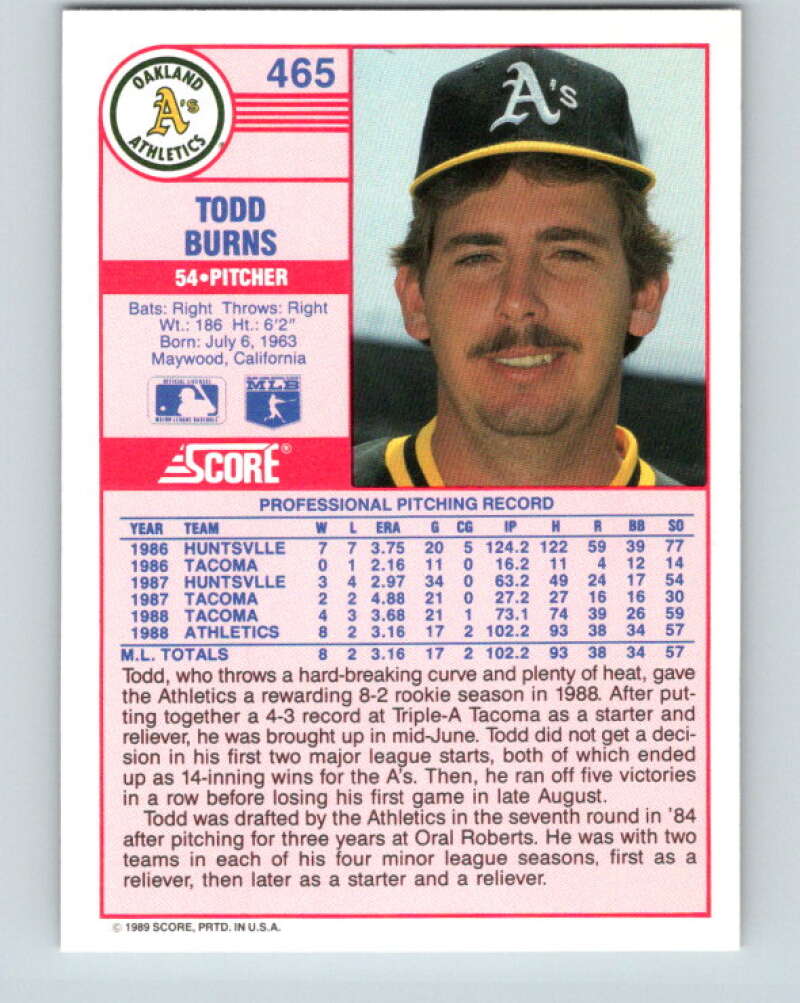 1989 Score #465 Todd Burns Mint RC Rookie Oakland Athletics