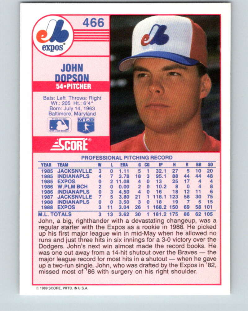 1989 Score #466 John Dopson Mint RC Rookie Montreal Expos