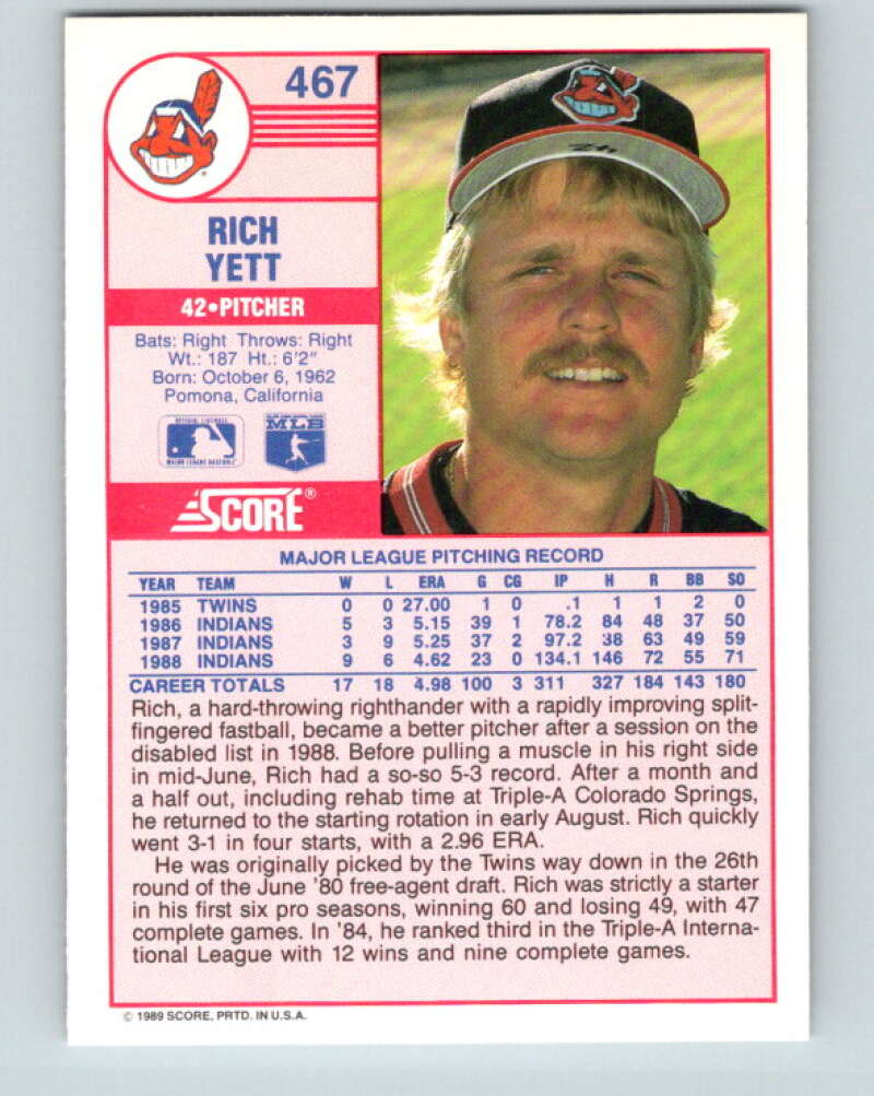 1989 Score #467 Rich Yett Mint Cleveland Indians