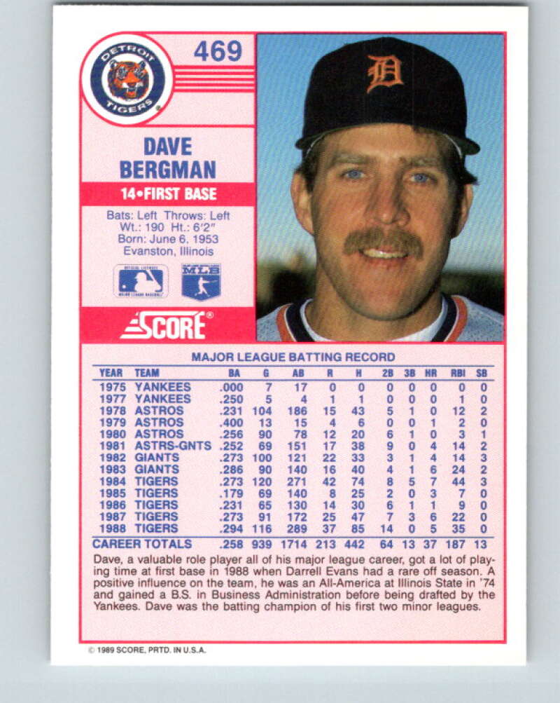 1989 Score #469 Dave Bergman Mint Detroit Tigers