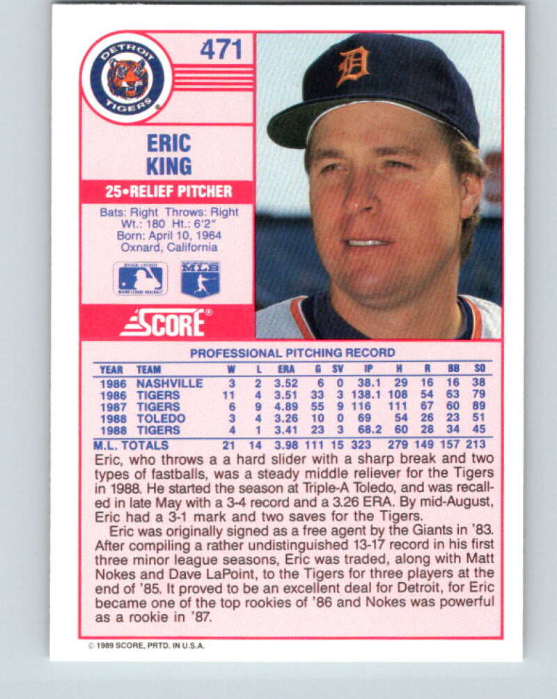 1989 Score #471 Eric King Mint Detroit Tigers