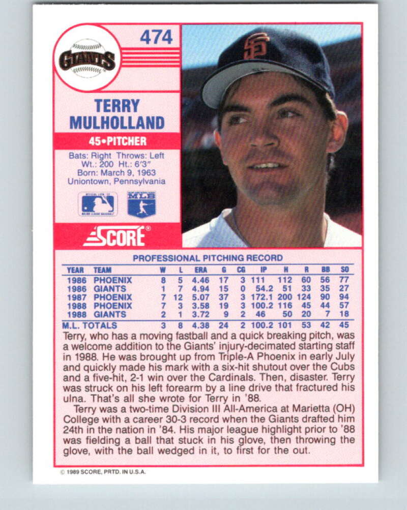 1989 Score #474 Terry Mulholland Mint San Francisco Giants