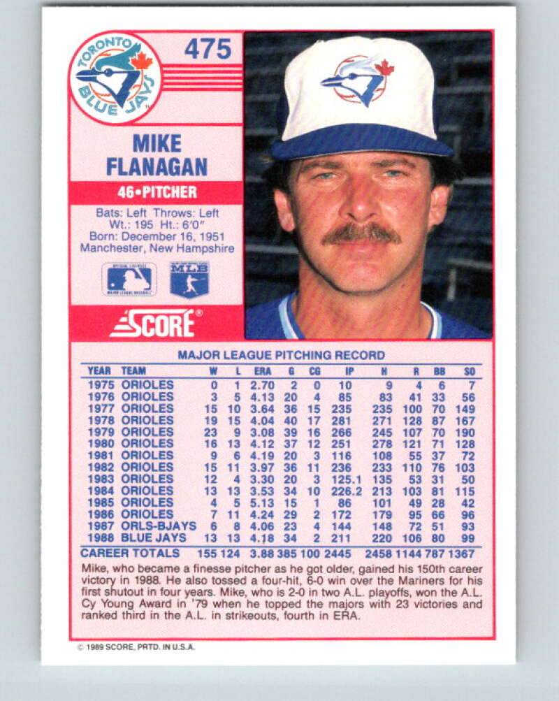 1989 Score #475 Mike Flanagan Mint Toronto Blue Jays