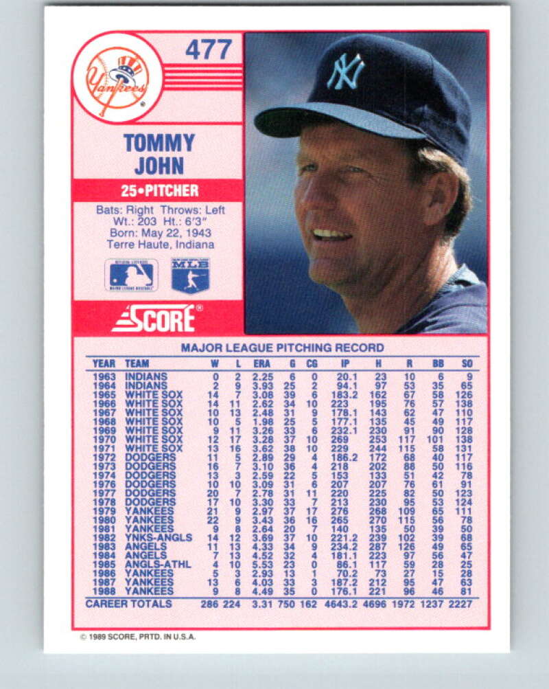 1989 Score #477 Tommy John Mint New York Yankees