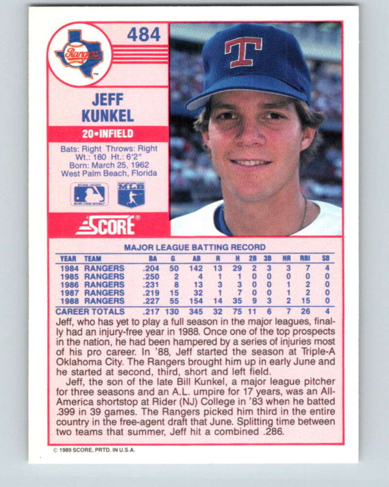 1989 Score #484 Jeff Kunkel Mint Texas Rangers