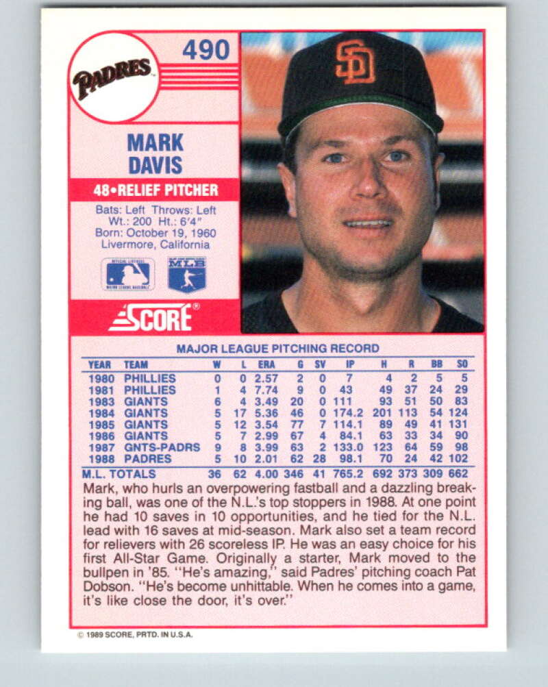 1989 Score #490 Mark Davis Mint San Diego Padres