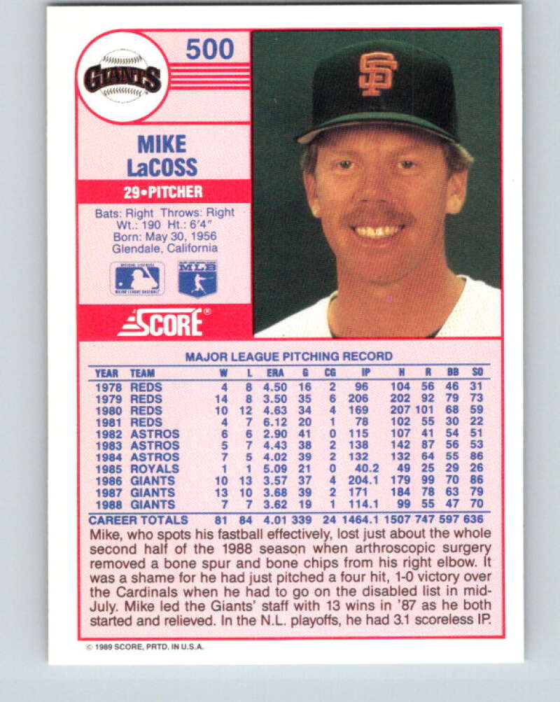 1989 Score #500 Mike LaCoss Mint San Francisco Giants
