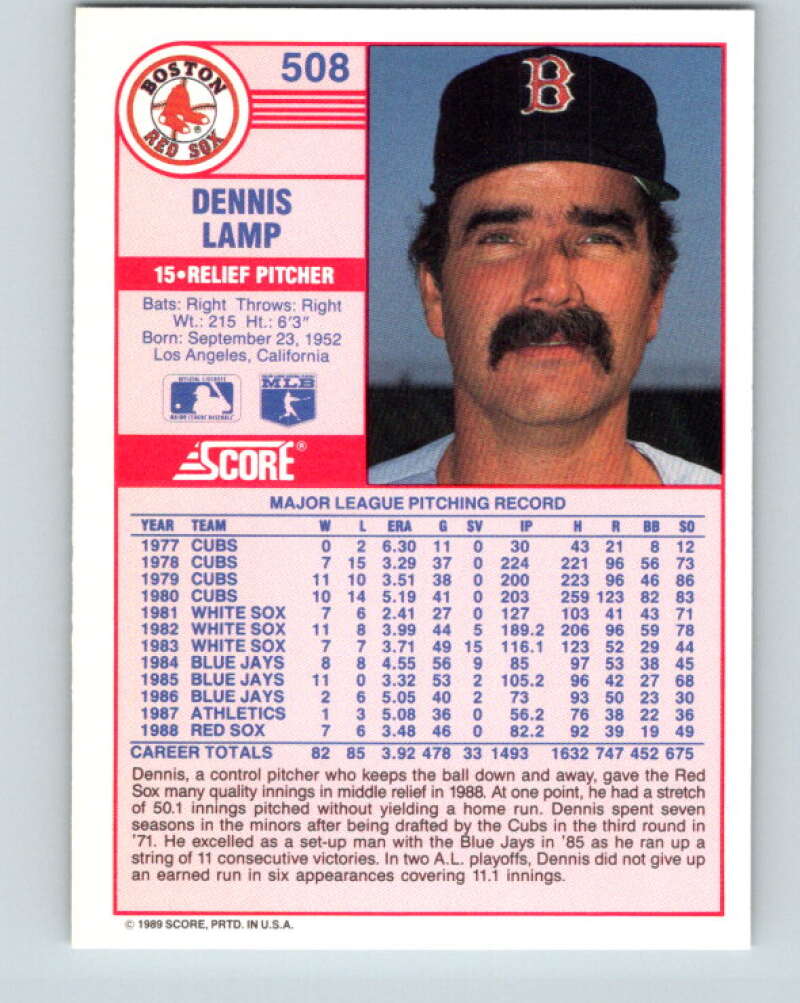 1989 Score #508 Dennis Lamp Mint Boston Red Sox