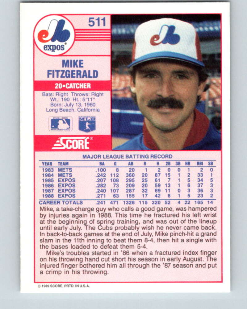 1989 Score #511 Mike Fitzgerald Mint Montreal Expos