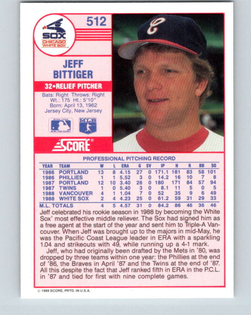 1989 Score #512 Jeff Bittiger Mint RC Rookie Chicago White Sox