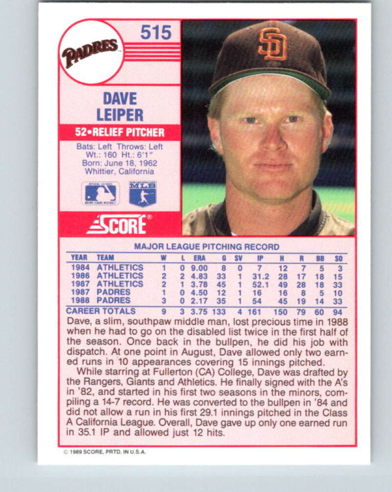 1989 Score #515 Dave Leiper Mint San Diego Padres