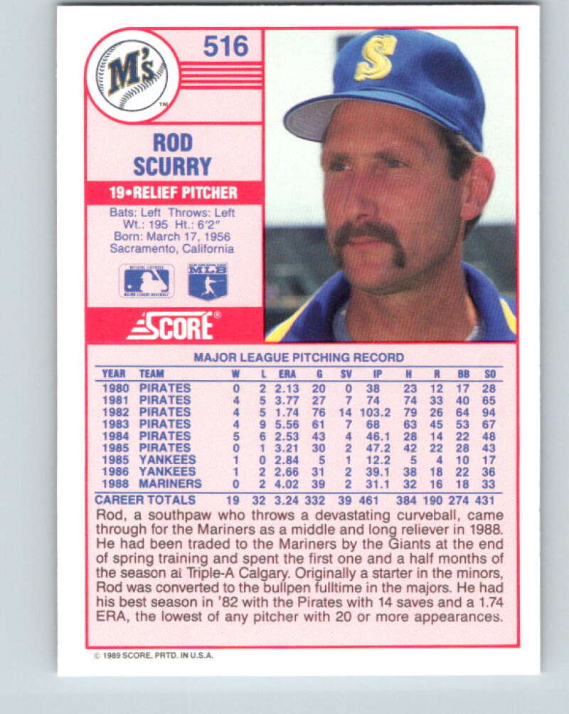 1989 Score #516 Rod Scurry Mint Seattle Mariners