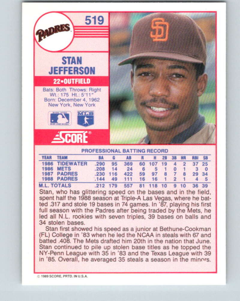 1989 Score #519 Stan Jefferson Mint San Diego Padres