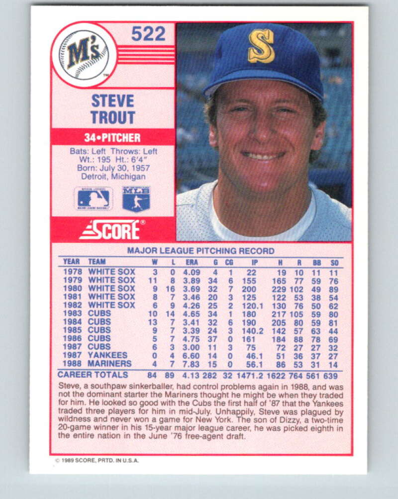 1989 Score #522 Steve Trout Mint Seattle Mariners