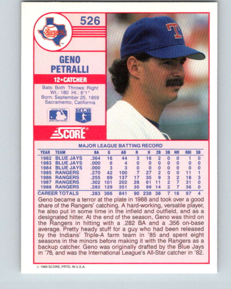 1989 Score #526 Geno Petralli Mint Texas Rangers