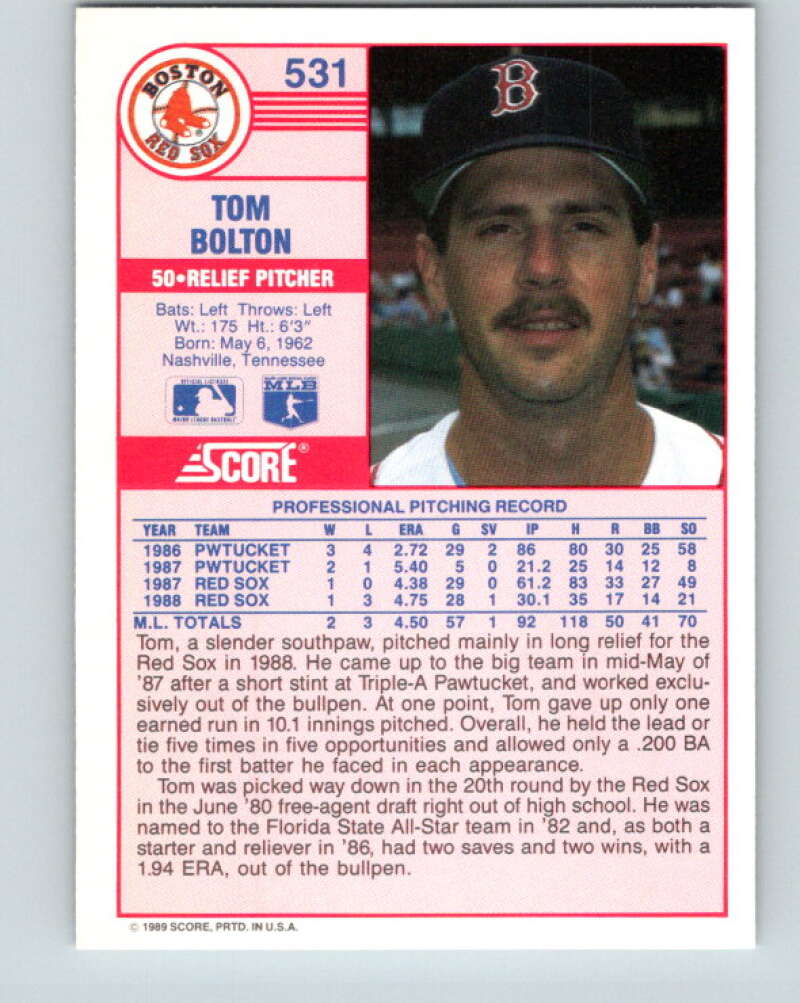 1989 Score #531 Tom Bolton Mint Boston Red Sox