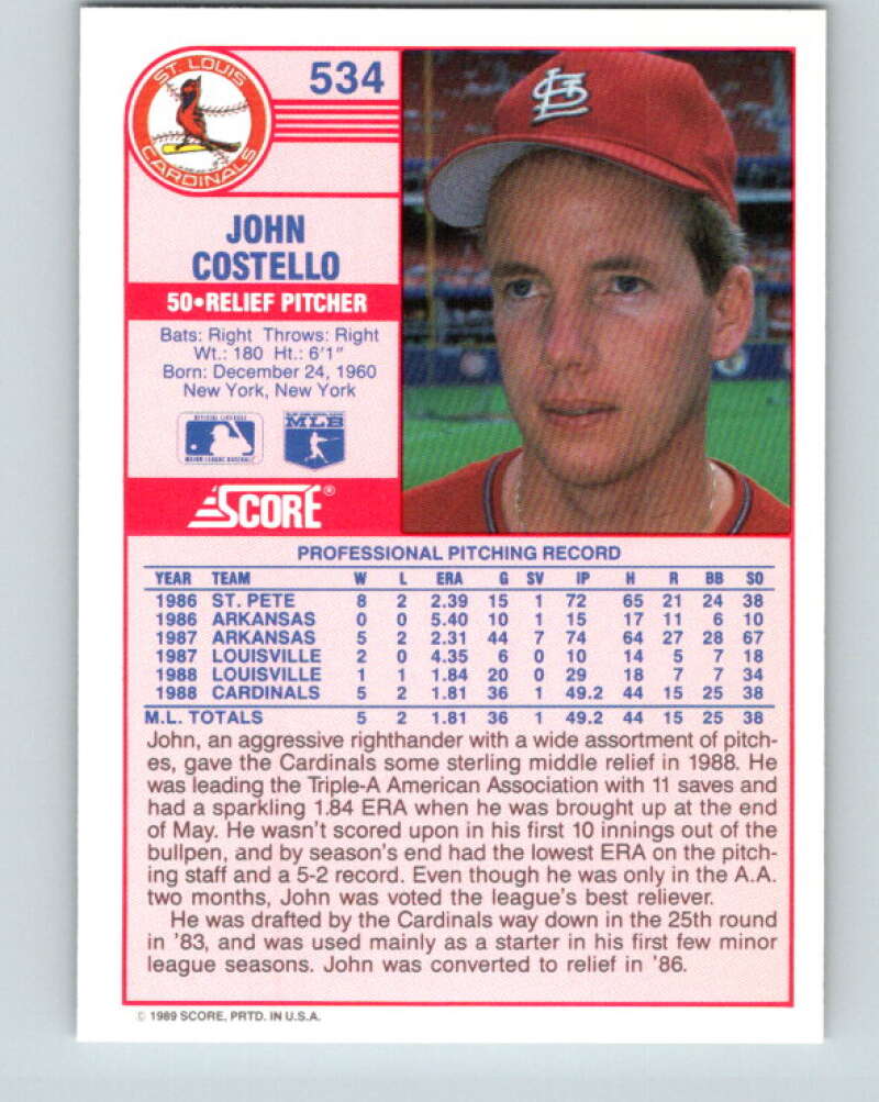 1989 Score #534 John Costello Mint St. Louis Cardinals