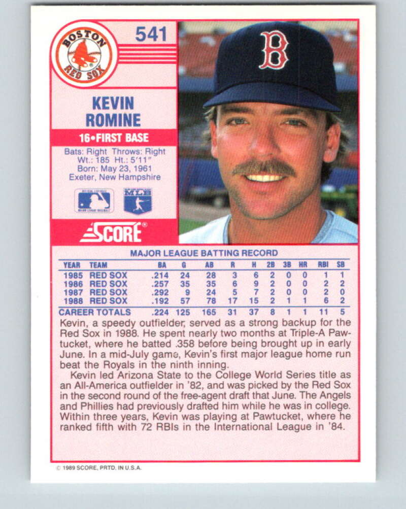 1989 Score #541 Kevin Romine Mint Boston Red Sox