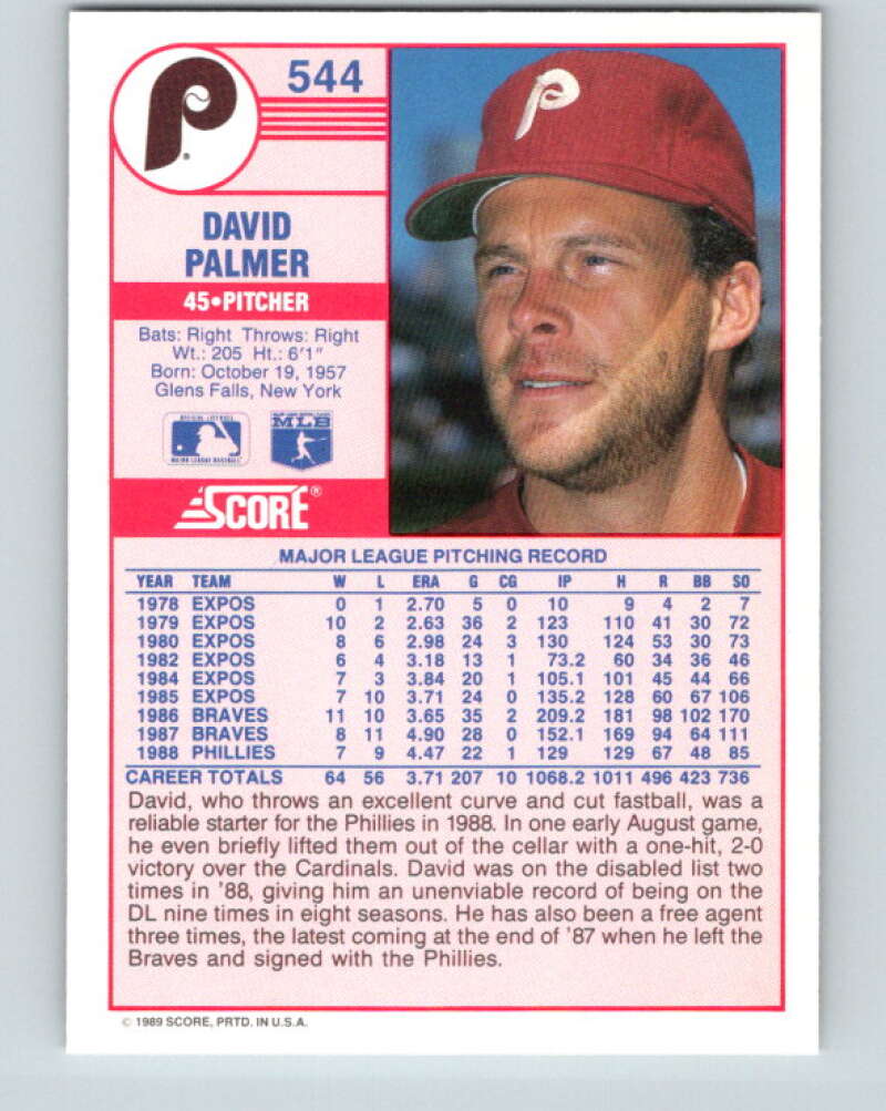 1989 Score #544 David Palmer Mint Philadelphia Phillies