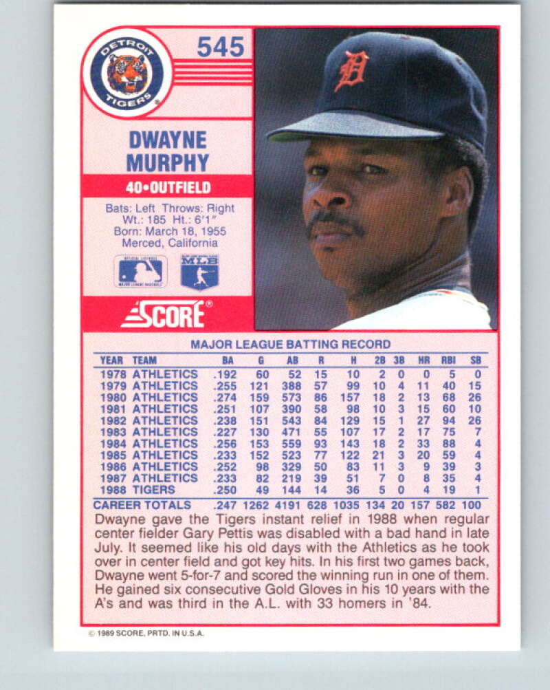 1989 Score #545 Dwayne Murphy Mint Detroit Tigers