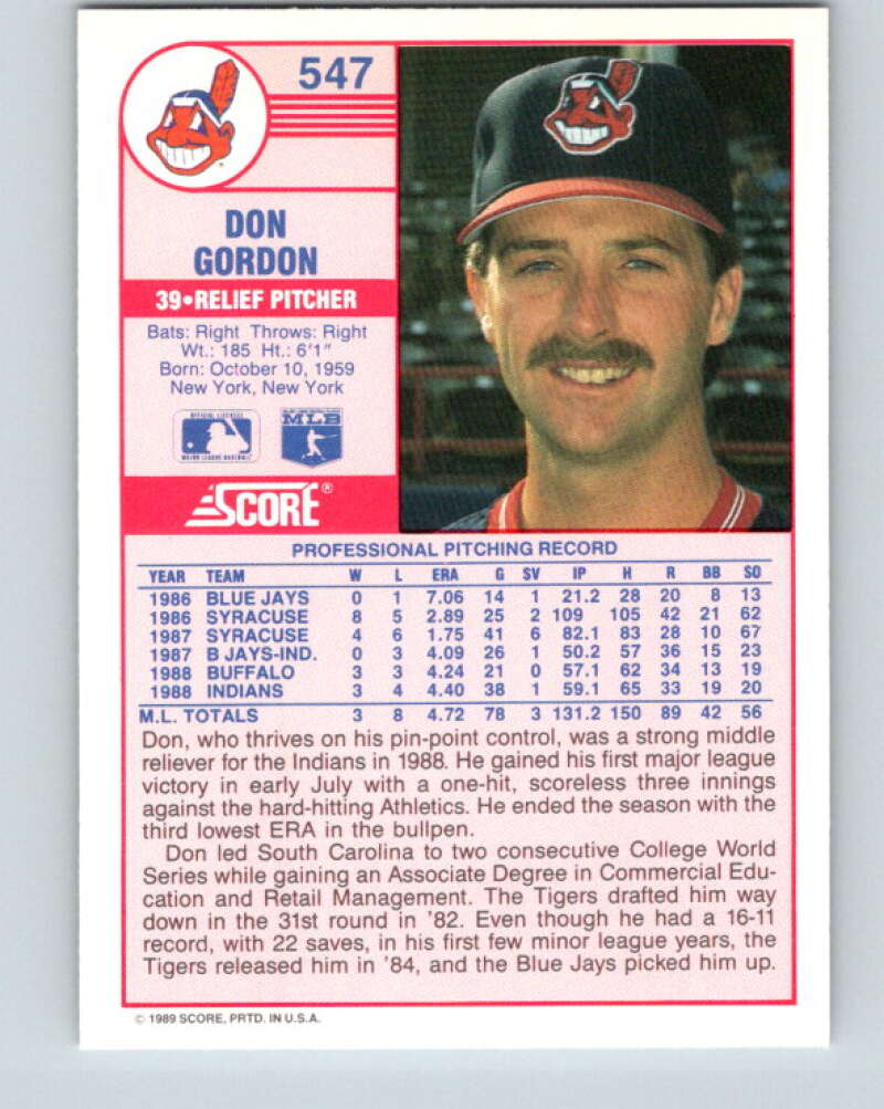 1989 Score #547 Don Gordon Mint Cleveland Indians