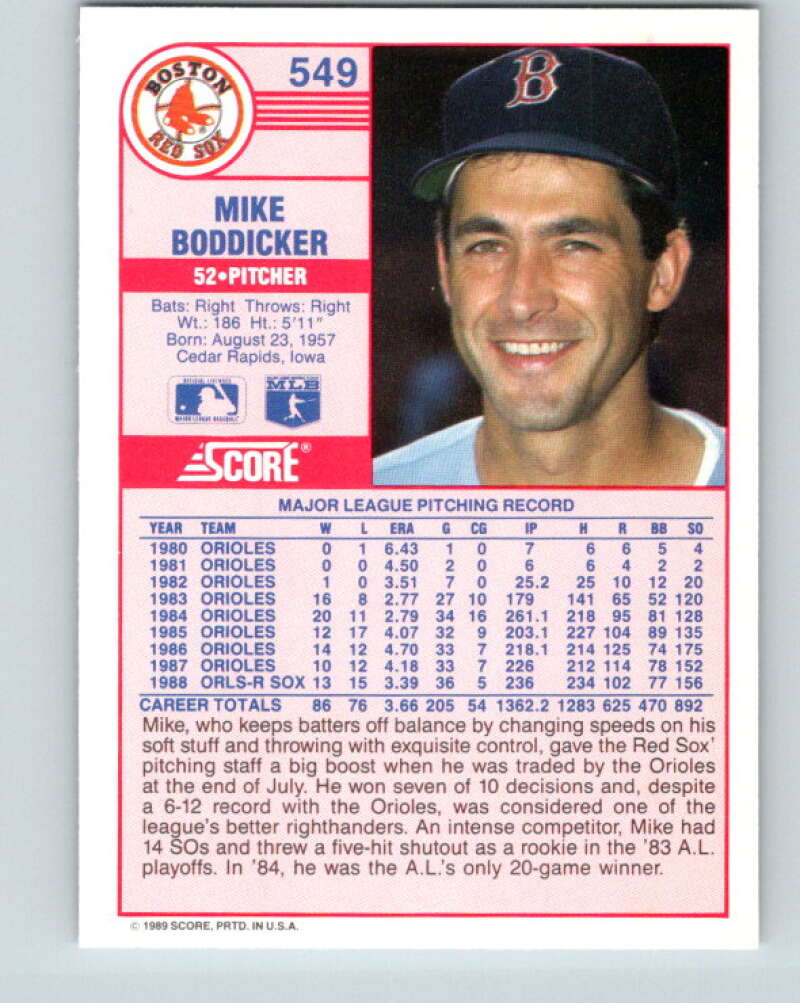 1989 Score #549 Mike Boddicker Mint Boston Red Sox