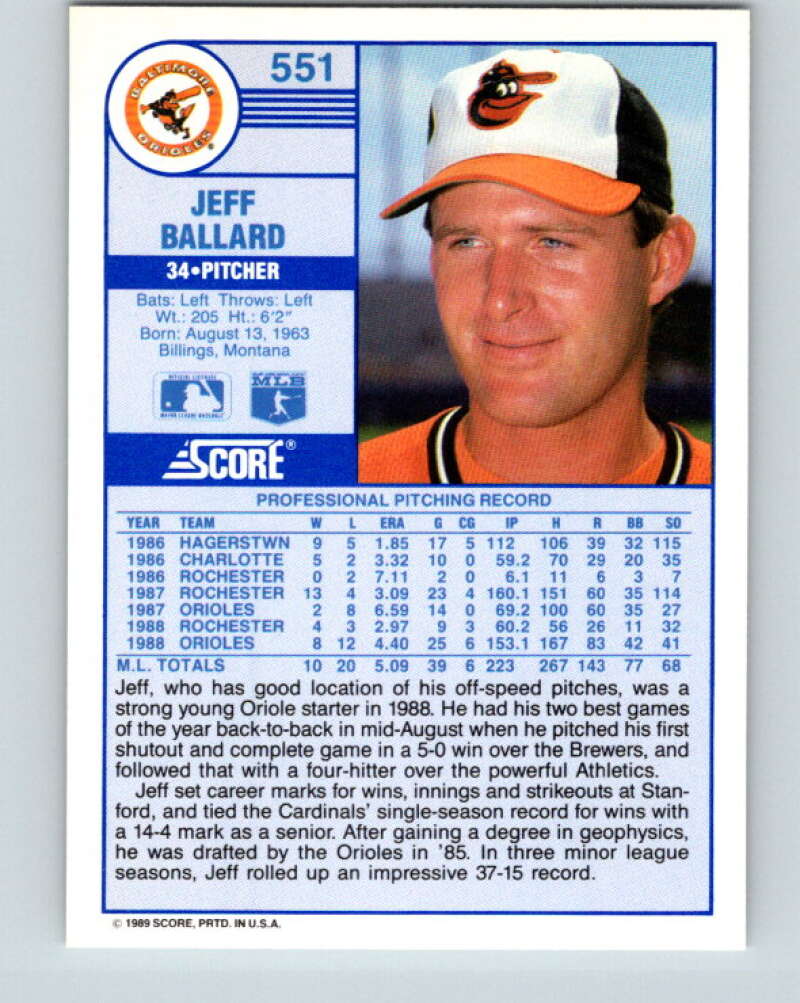 1989 Score #551 Jeff Ballard Mint Baltimore Orioles