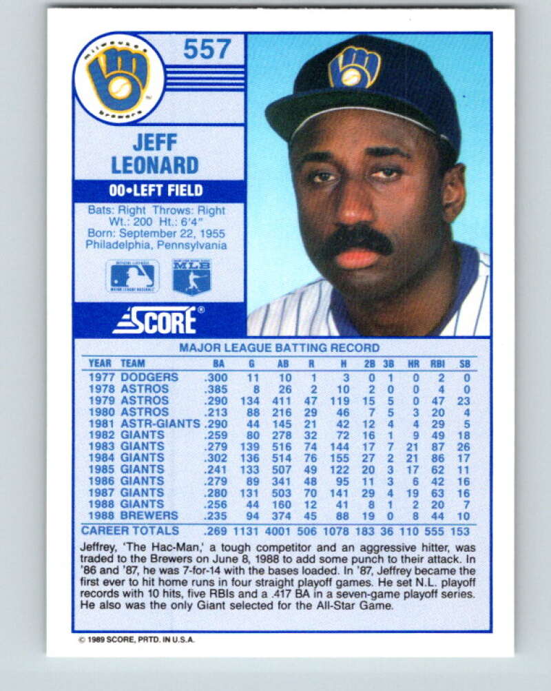 1989 Score #557 Jeffrey Leonard Mint Milwaukee Brewers