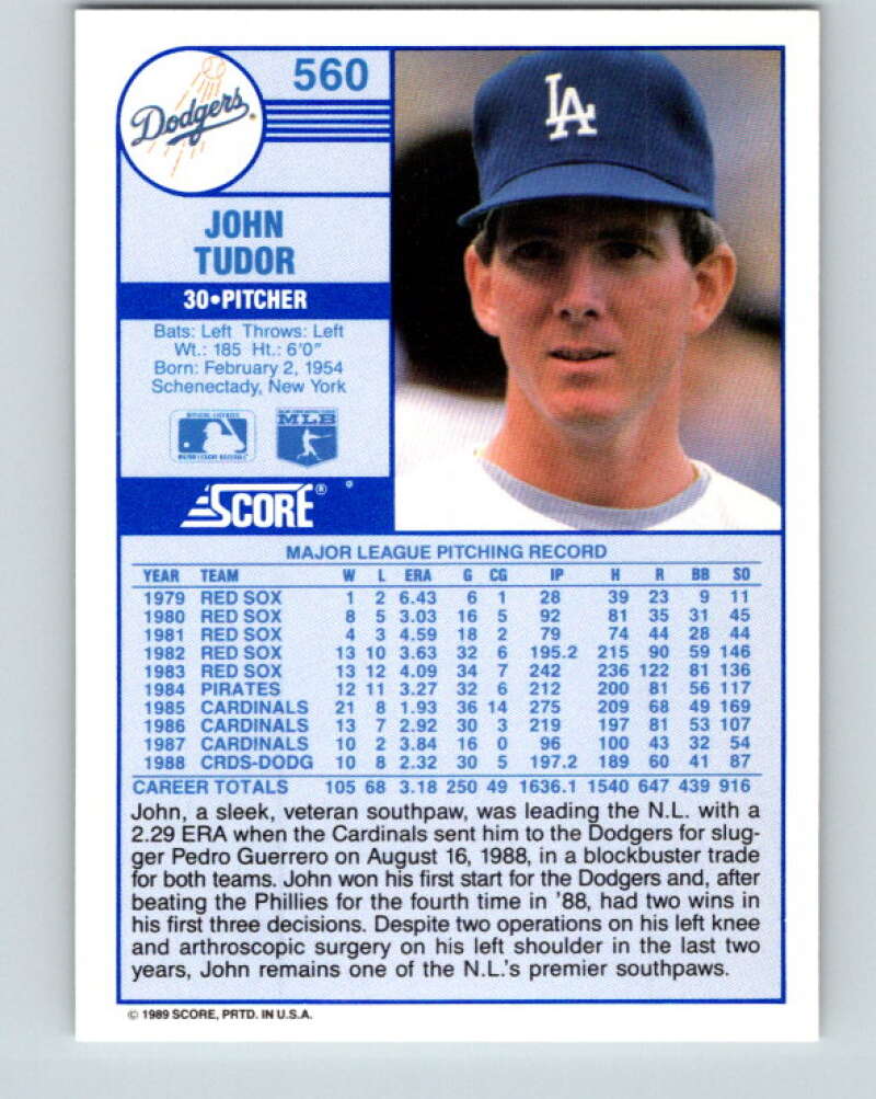 1989 Score #560 John Tudor Mint Los Angeles Dodgers