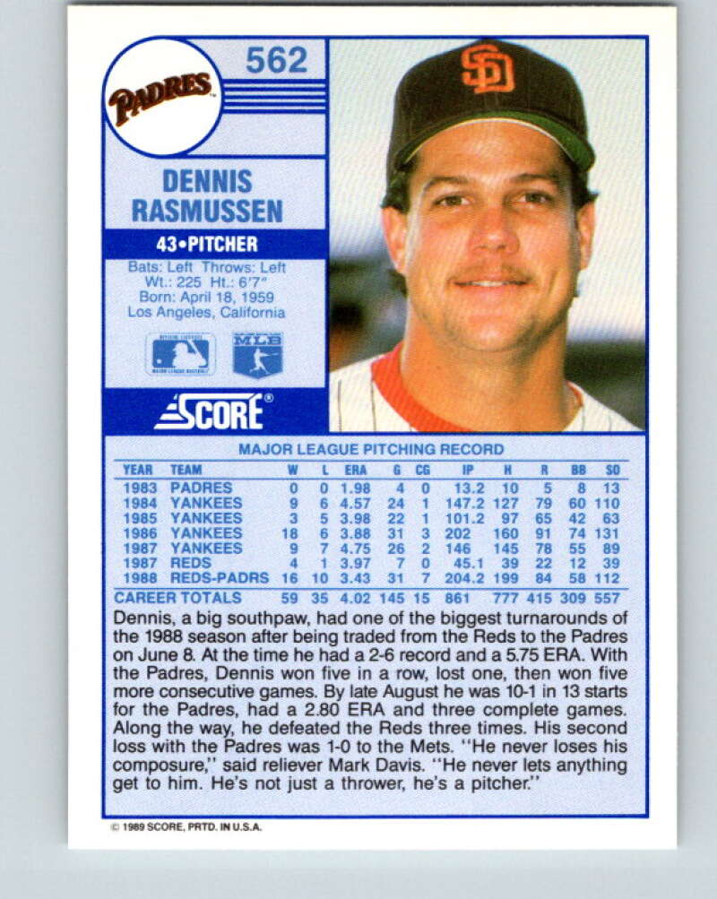 1989 Score #562 Dennis Rasmussen Mint San Diego Padres