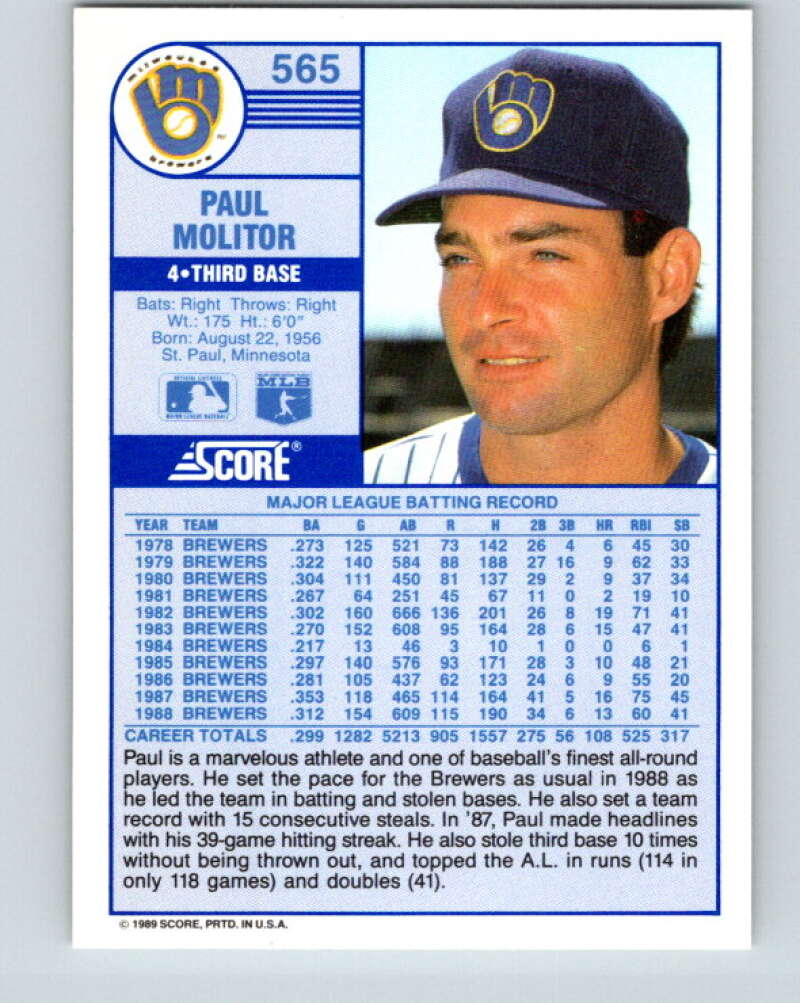1989 Score #565 Paul Molitor Mint Milwaukee Brewers