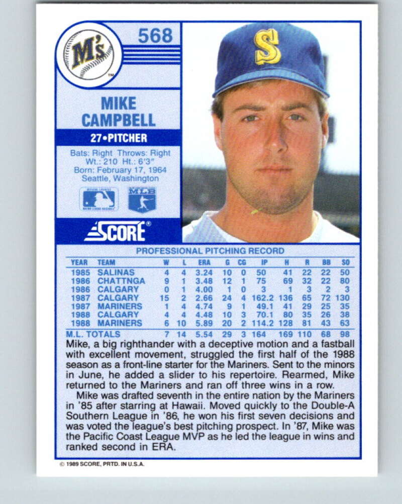 1989 Score #568 Mike Campbell Mint Seattle Mariners