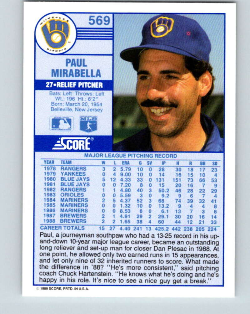 1989 Score #569 Paul Mirabella Mint Milwaukee Brewers
