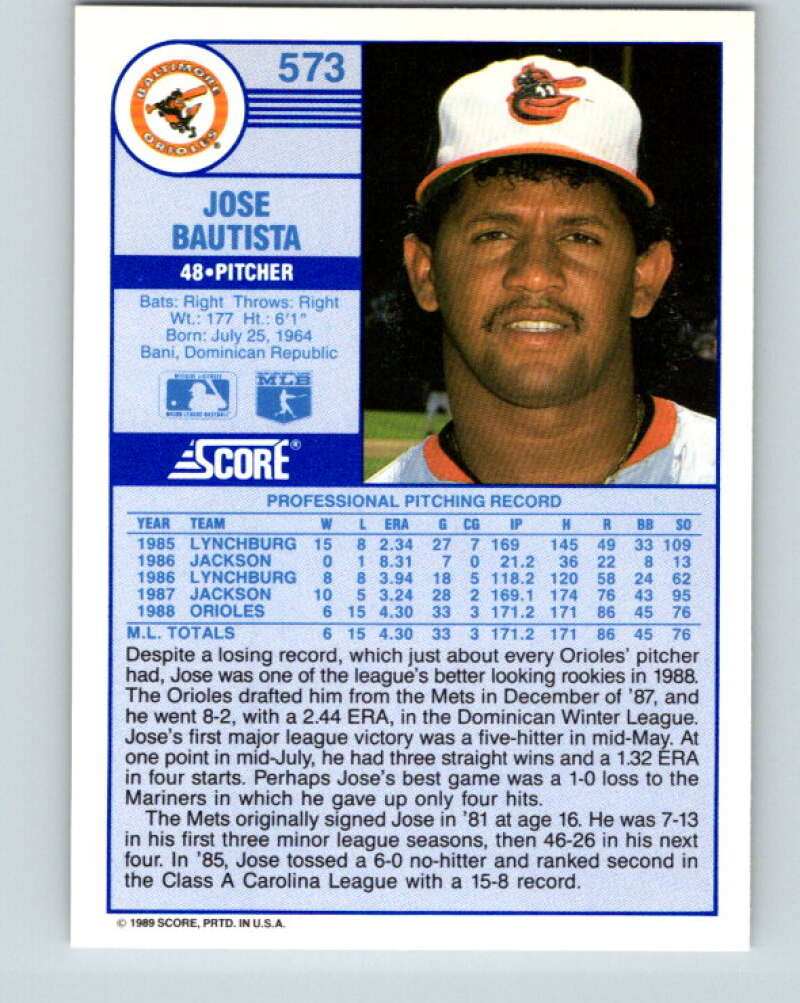 1989 Score #573 Jose Bautista Mint Baltimore Orioles